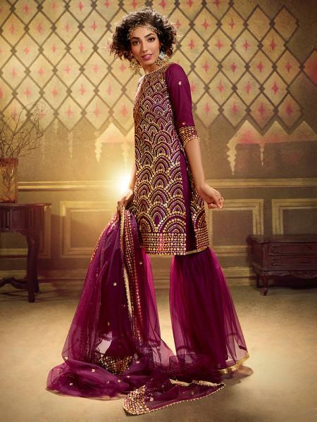 Women's  Wine Soft Net Gharara Suit - Myracouture