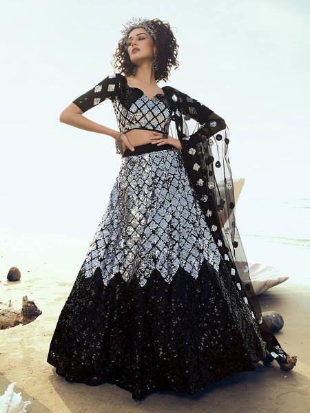 Women's  Black Embroidered Net Lehenga - Myracouture