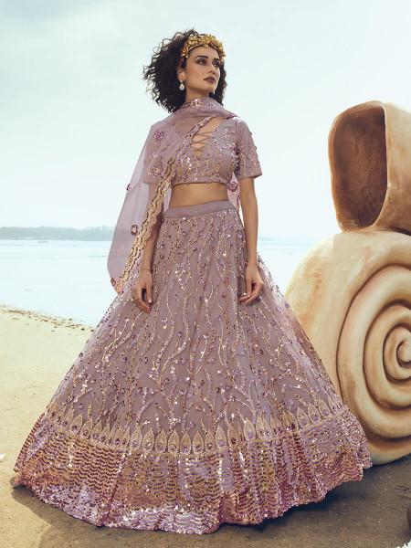 Women's  Lilac Embroidered Net Lehenga - Myracouture