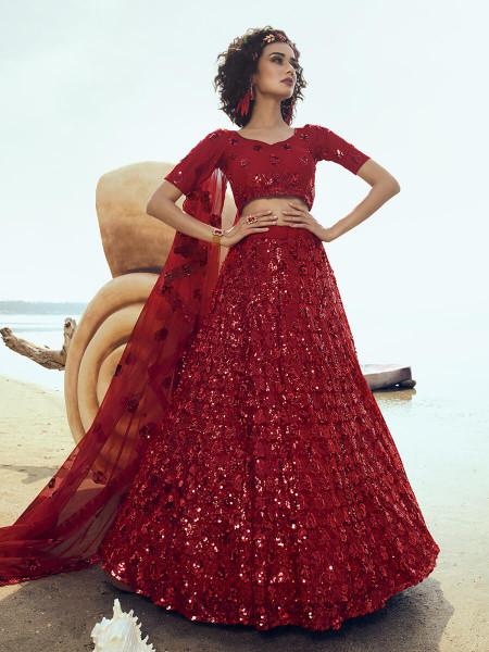 Women's  Red Embroidered Net Lehenga - Myracouture