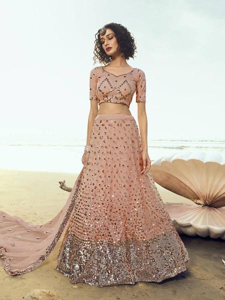 Women's  Peach Embroidered Net Lehenga - Myracouture