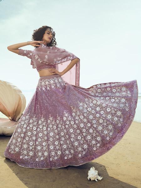 Women's  Lilac Embroidered Net Lehenga - Myracouture