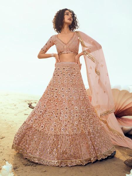 Women's  Peach Embroidered Net Lehenga - Myracouture