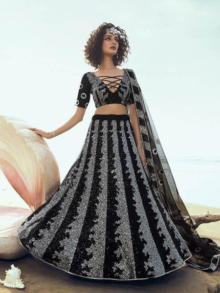 Women's  Black Embroidered Net Lehenga - Myracouture