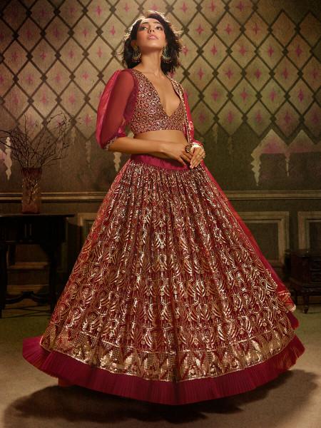 Women's  Maroon Embroidered Net Lehenga - Myracouture