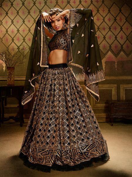 Women's  Black Embroidered Net Lehenga - Myracouture