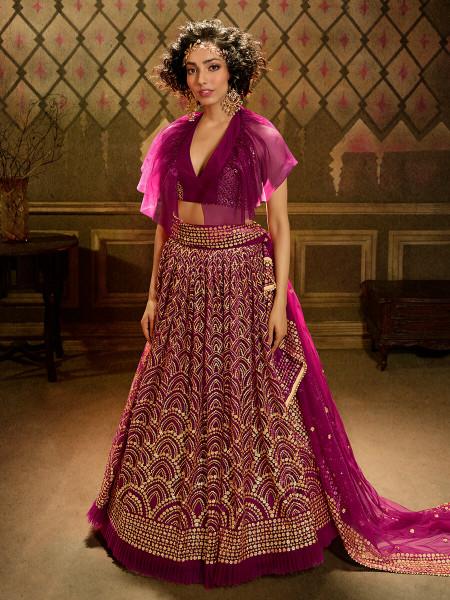 Women's  Wine Embroidered Net Lehenga - Myracouture