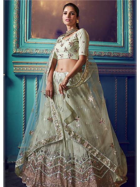 Women's  Green Heavy Embroidered Net Lehenga - Myracouture