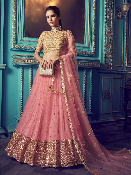 Women's  Pink Heavy Embroidered Net Lehenga - Myracouture