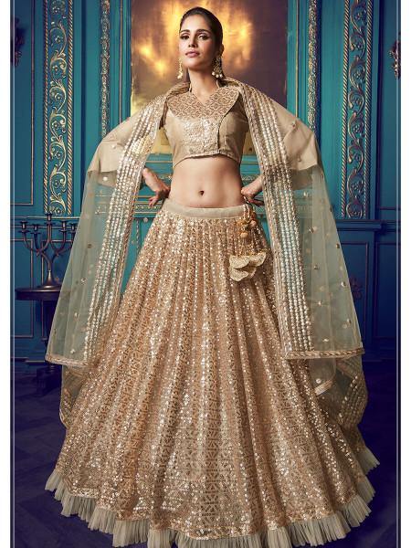 Women's  Dusky Beige Heavy Embroidered Net Lehenga - Myracouture