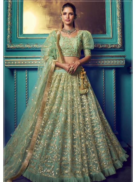 Women's  Green Heavy Embroidered Net Lehenga - Myracouture