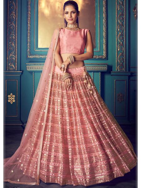 Women's  Pink Heavy Embroidered Net Lehenga - Myracouture