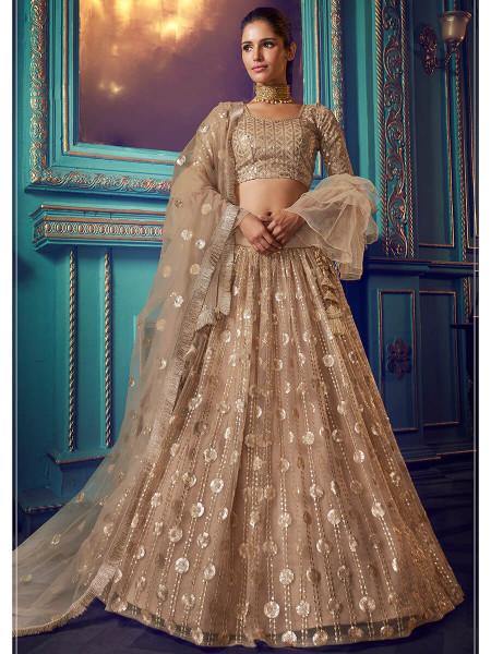 Women's  Beige Heavy Embroidered Net Lehenga - Myracouture