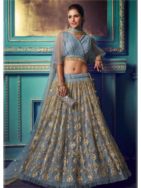 Women's  Grey Heavy Embroidered Net Lehenga - Myracouture