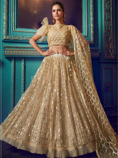 Women's  Dusky Beige Heavy Embroidered Net Lehenga - Myracouture