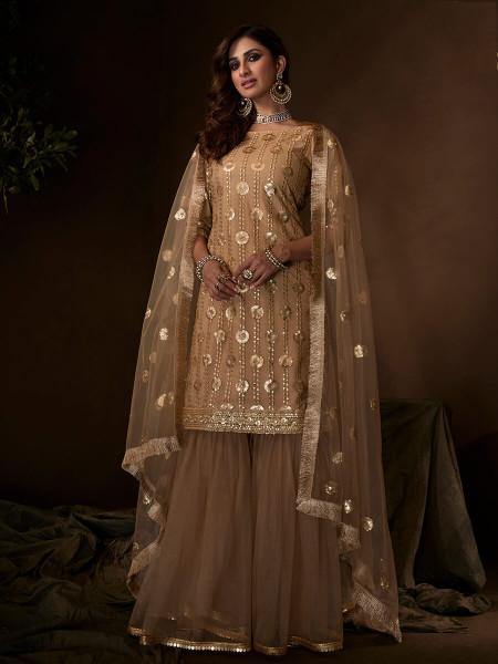 Women's  Beige Soft Net Gharara Suit - Myracouture