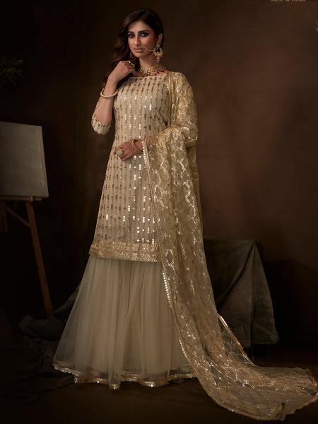 Women's  Dusky Beige Soft Net Gharara Suit - Myracouture