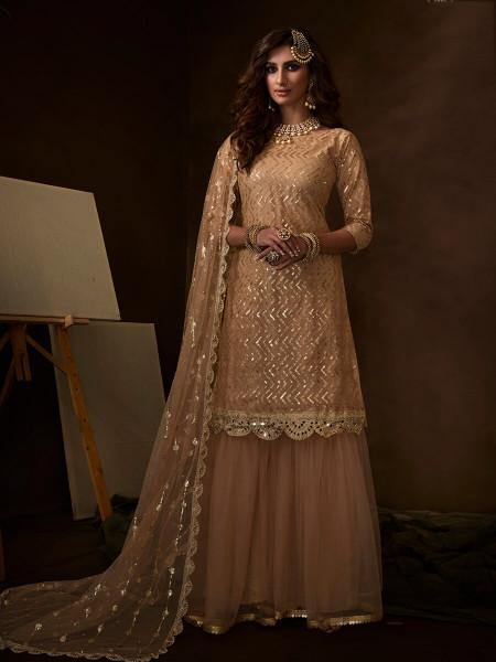 Women's  Beige Soft Net Gharara Suit - Myracouture