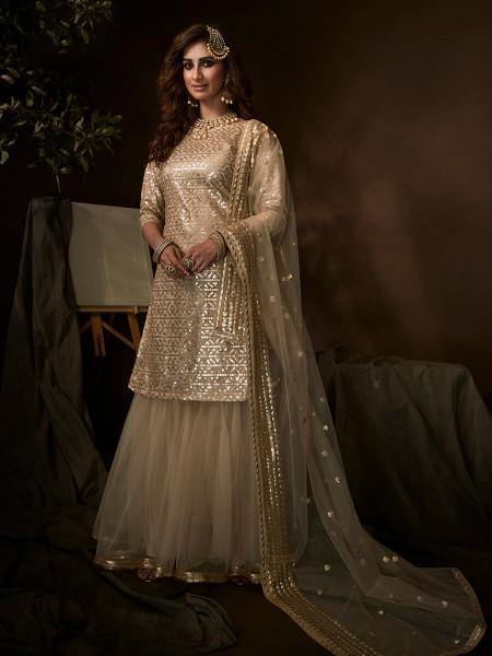 Women's  Dusky Beige Soft Net Gharara Suit - Myracouture