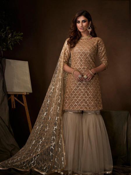 Women's  Beige Soft Net Gharara Suit - Myracouture