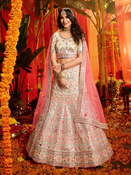 Women's  White And Pure Organza Embroidered Lehenga - Myracouture