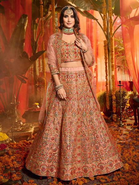 Women's  Peach And Pure Organza Embroidered Lehenga - Myracouture