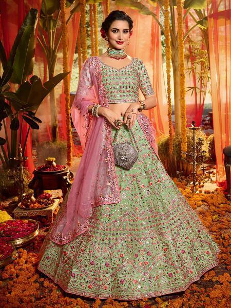 Women's Green And Pure Organza Embroidered Lehenga by Myra couture