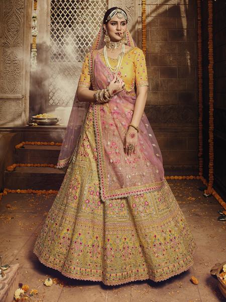 Women's  Yellow Heavy Embroidered Organza Lehenga - Myracouture