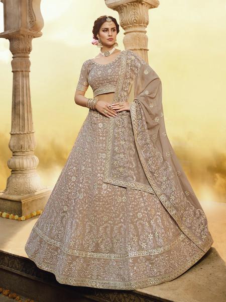 Women's  Light Brown Heavy Embroidered Georgette Lehenga - Myracouture