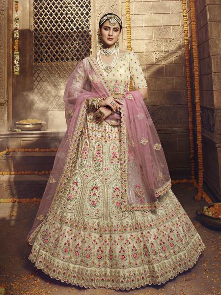 Women's  Cream Heavy Embroidered Organza Lehenga - Myracouture