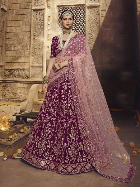 Women's  Wine Heavy Embroidered Georgette Lehenga - Myracouture