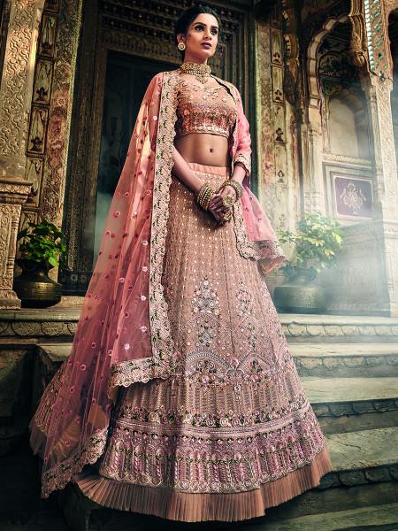 Women's  Rose Taupe Georgette Embroidered Lehenga - Myracouture