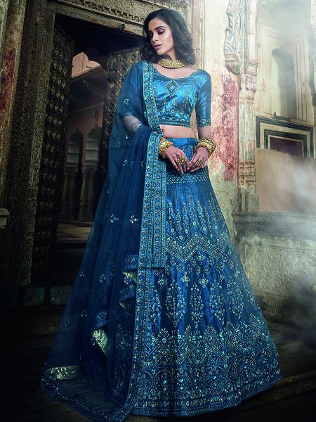 Women's  Kerosene Blue Art Silk Embroidered Lehenga - Myracouture