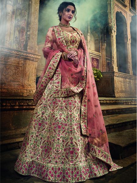 Women's  Jute White Art Silk Embroidered Lehenga - Myracouture