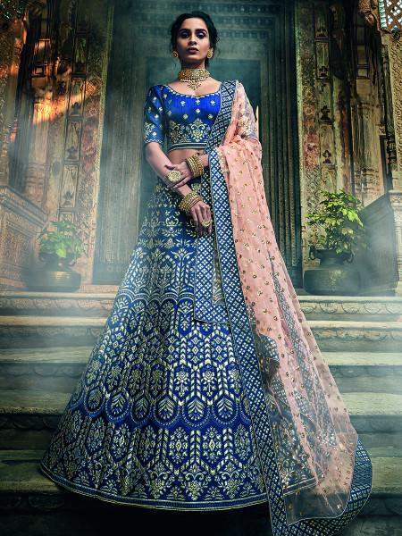 Women's  Navy Blue Art Silk Embroidered Lehenga - Myracouture