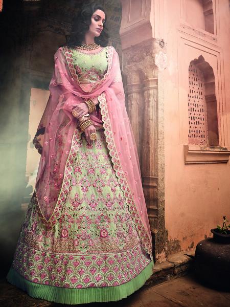 Women's  Pista Green Heavy Embroidered Lehenga Choli - Myracouture