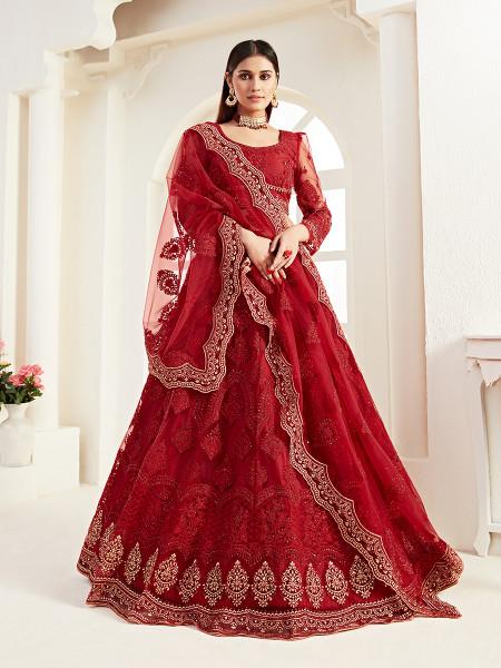 Women's  Red Heavy Embroidered Net Lehenga - Myracouture