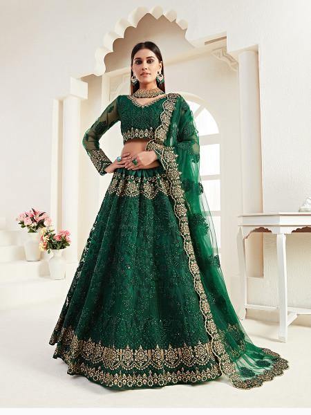 Women's  Emerald Green Heavy Embroidered Net Lehenga - Myracouture