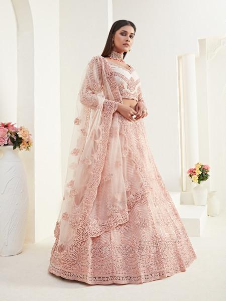 Women's  Light Peach Heavy Embroidered Net Lehenga - Myracouture