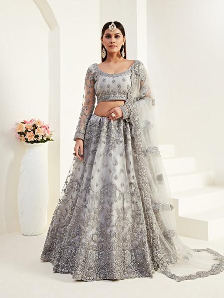 Women's  Light Grey Heavy Embroidered Net Lehenga - Myracouture