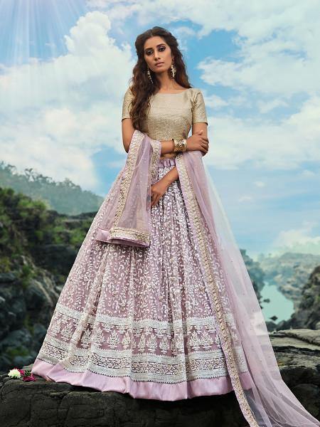 Women's  Cream And Lilac Net Embroidered Lehenga Choli - Myracouture