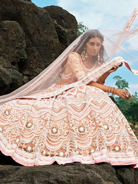 Women's  Peach Embroidered Net Lehenga Choli - Myracouture