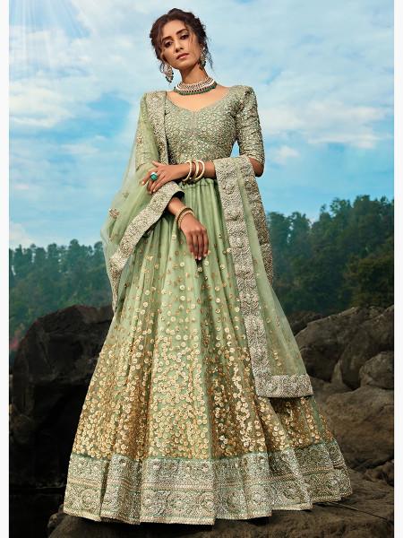 Women's  Pastel Green Art Silk Lehenga - Myracouture