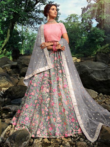 Women's  Pink And Grey Net Embroidered Lehenga - Myracouture