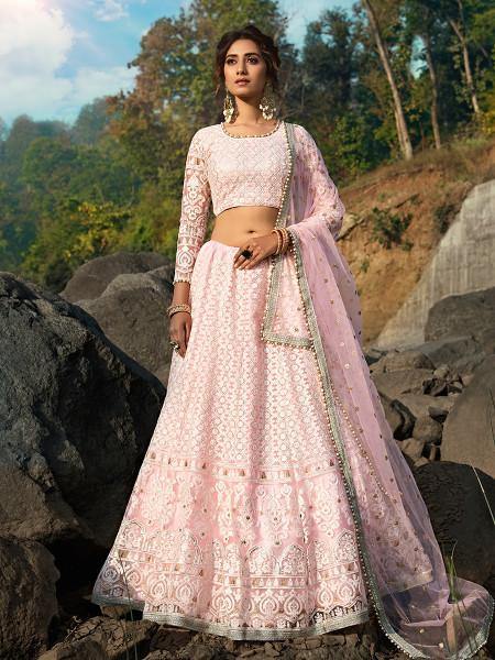 Women's  Baby Pink Net Heavy Embroidered Lehenga - Myracouture