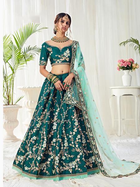 Women's  Dark Green Heavy Embroidered Net Lehenga - Myracouture