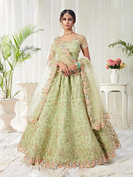 Women's  Pista Green Heavy Embroidered Net Lehenga - Myracouture