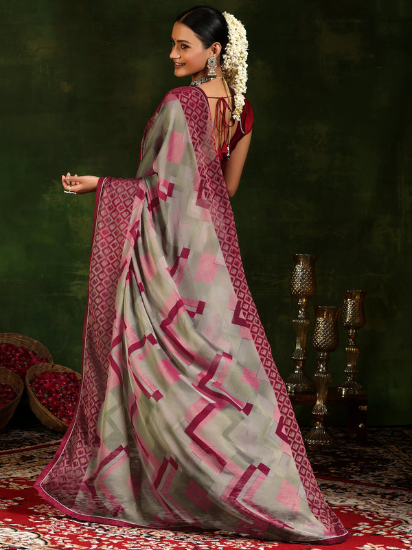 Pink Printed Poly Chiffon Saree With Unstitched Blouse Piece