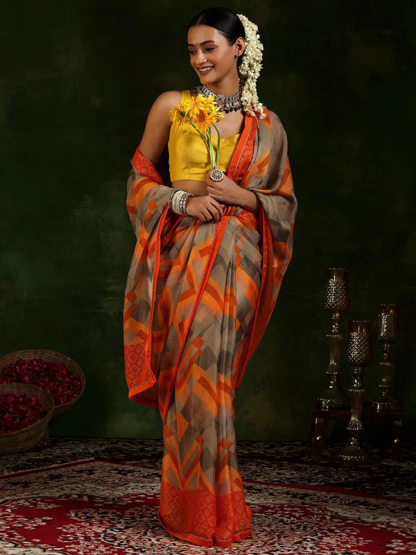 Orange Printed Poly Chiffon Saree With Unstitched Blouse Piece