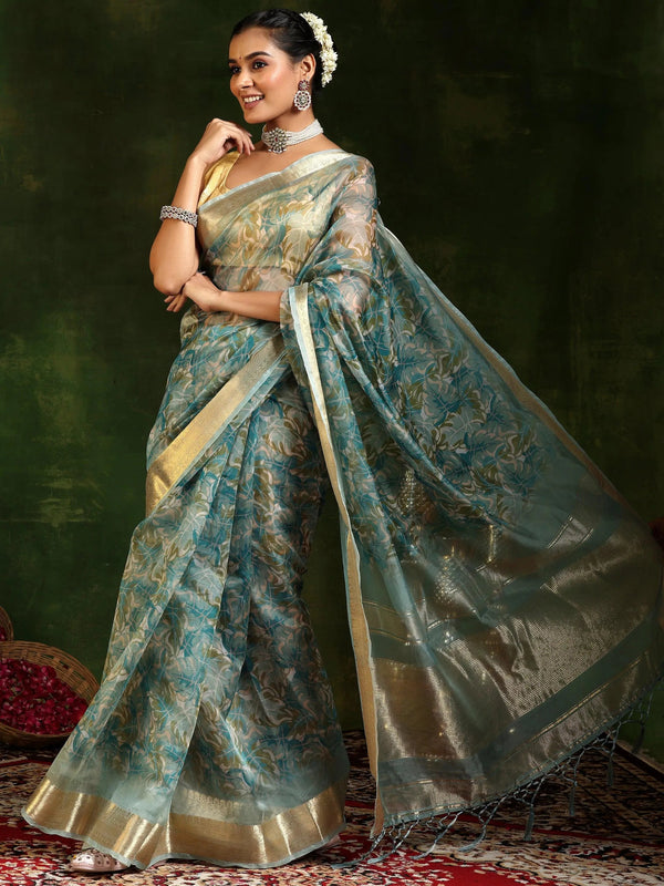 Turquoise Printed Organza Saree With Unstitched Blouse Piece